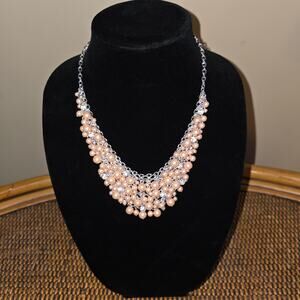 Charter Club Silver Tone Simulated Pink Pearl  & Crystal Bib Necklace